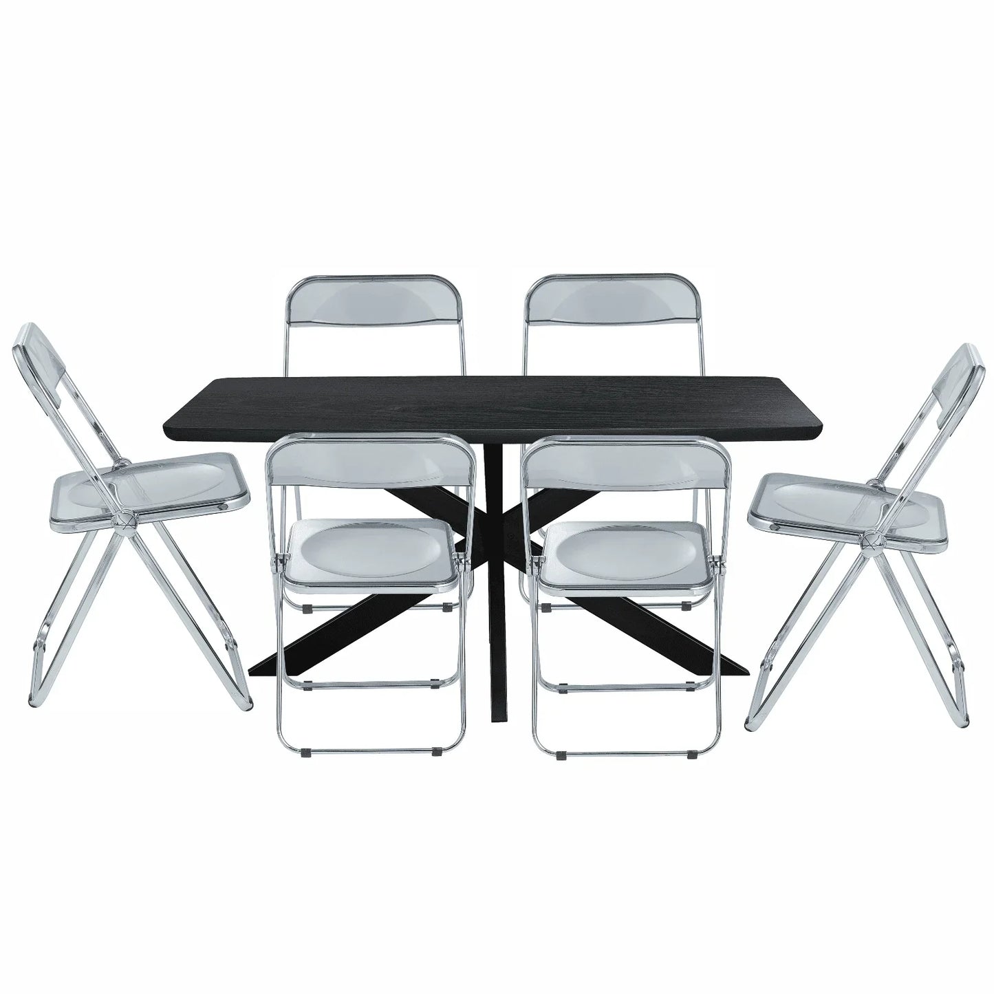 Lawrence 7-Piece Dining Set: Folding Acrylic Chairs & Rectangular Wood Table with Geometric Base - Elax Furniture