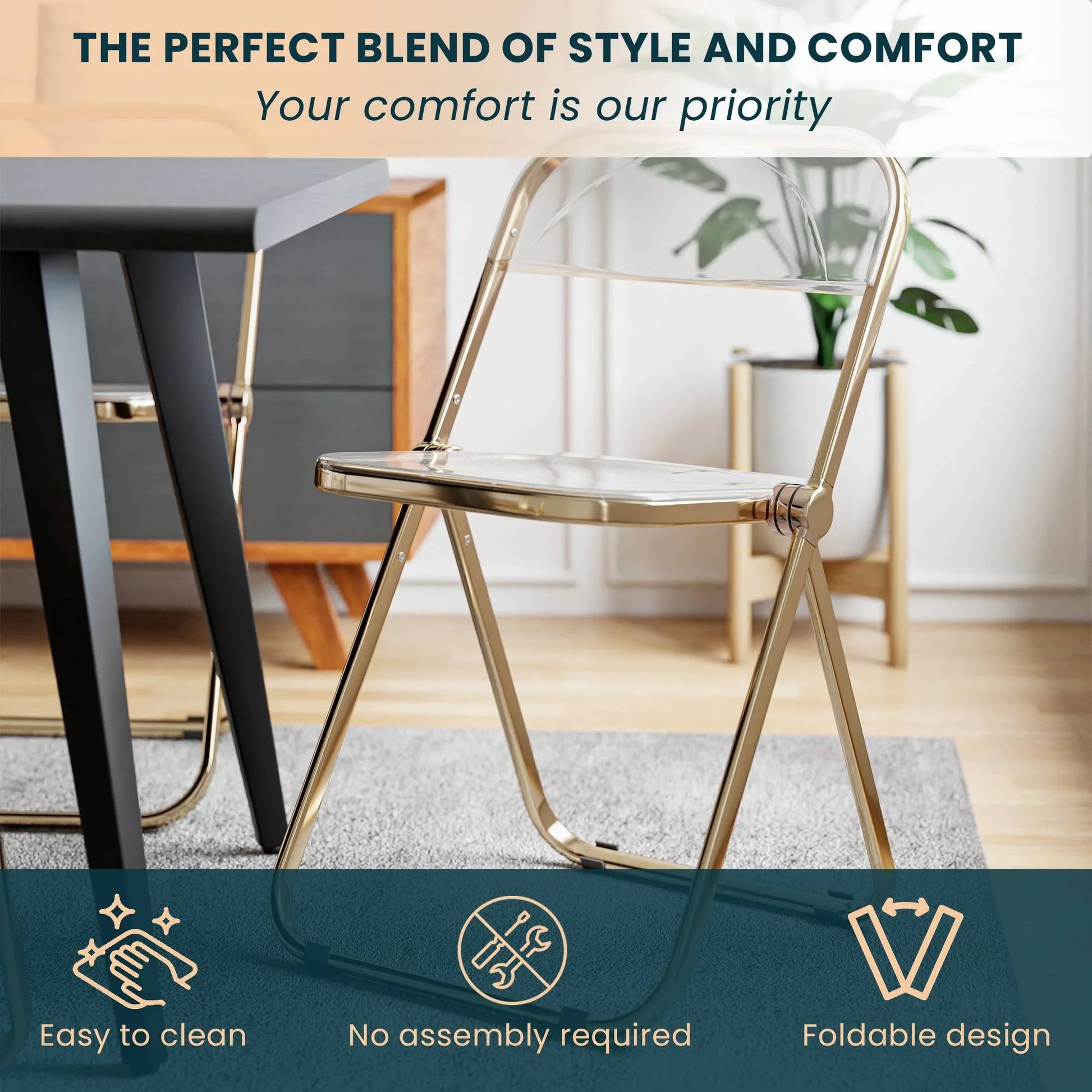 Lawrence Acrylic Folding Chair With Gold Metal Frame Set of 2 - Elax Furniture