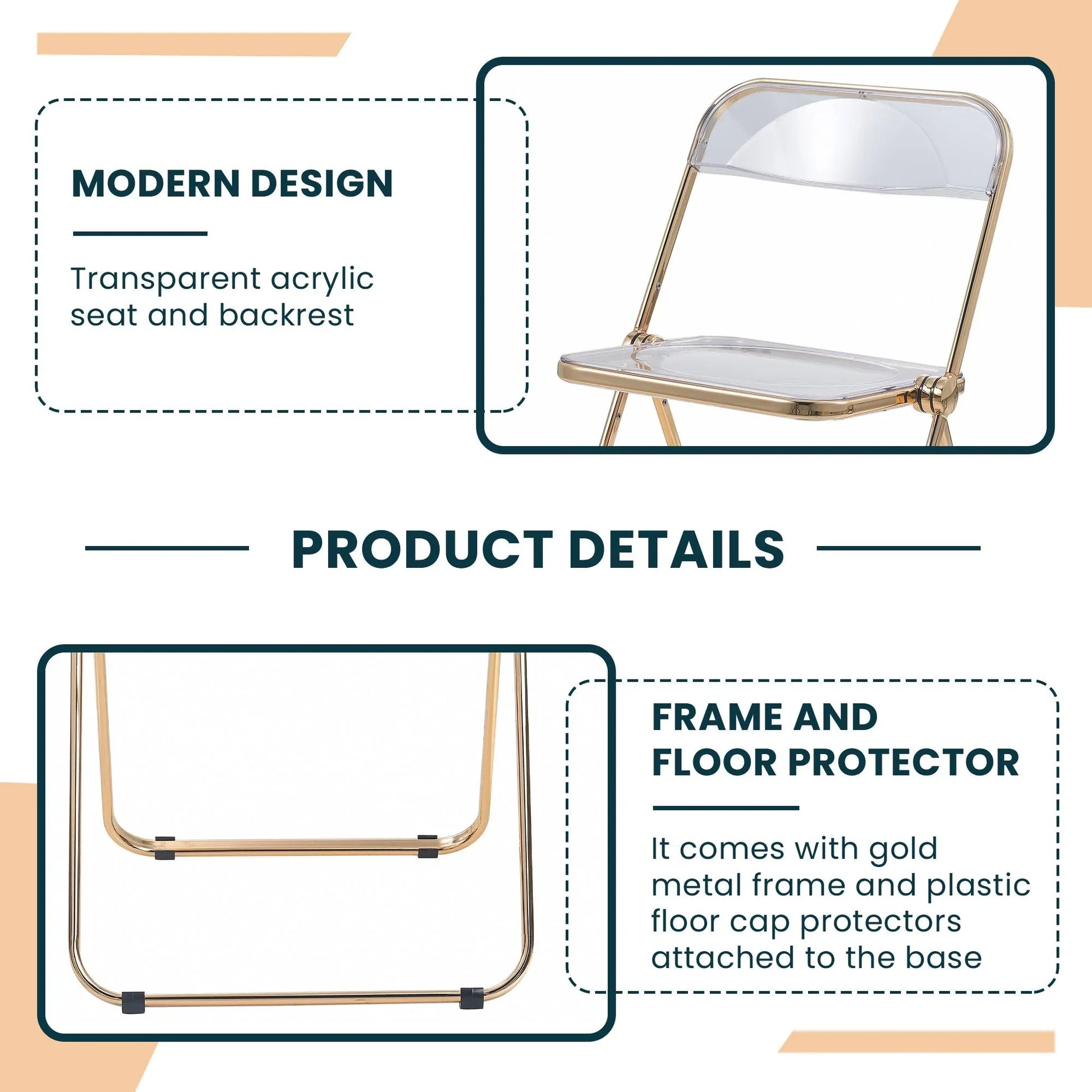 Lawrence Acrylic Folding Chair With Gold Metal Frame Set of 2 - Elax Furniture