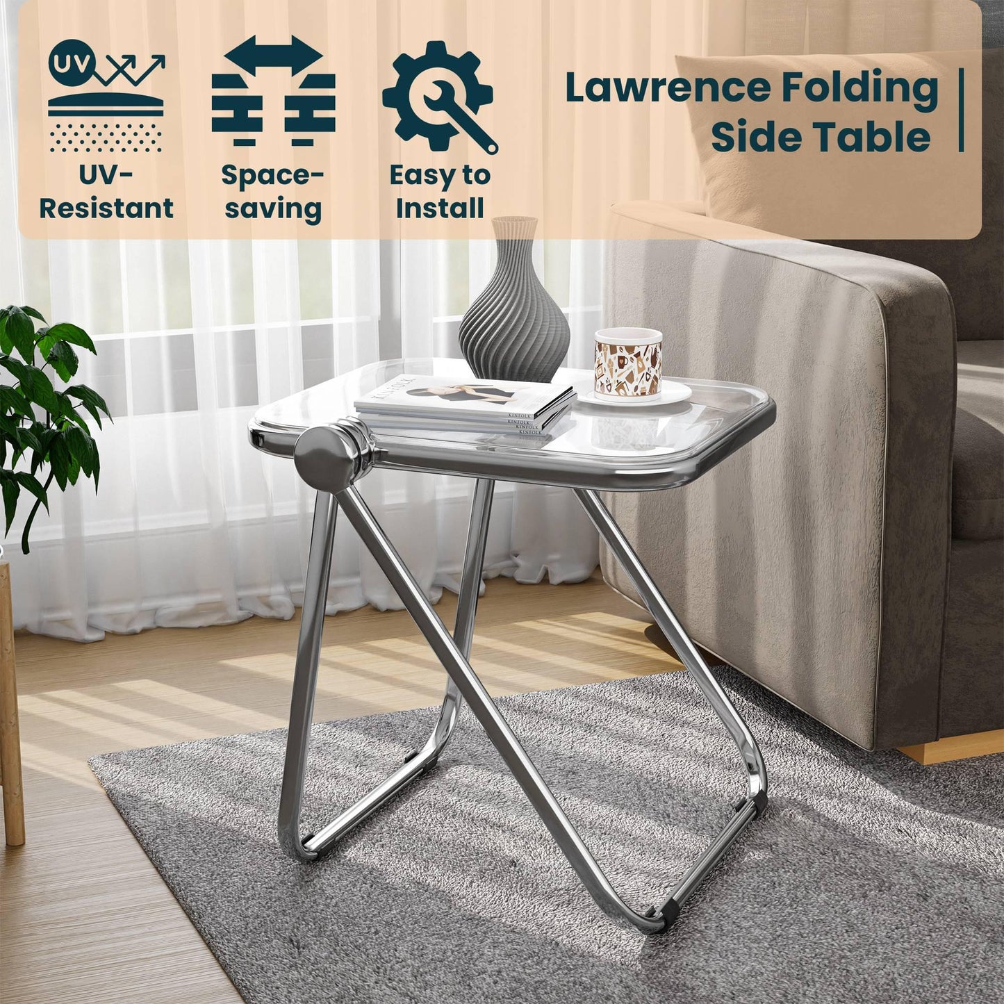 Lawrence Square Folding Side Table with Plastic Tabletop in Chrome Aluminum Frame - Elax Furniture