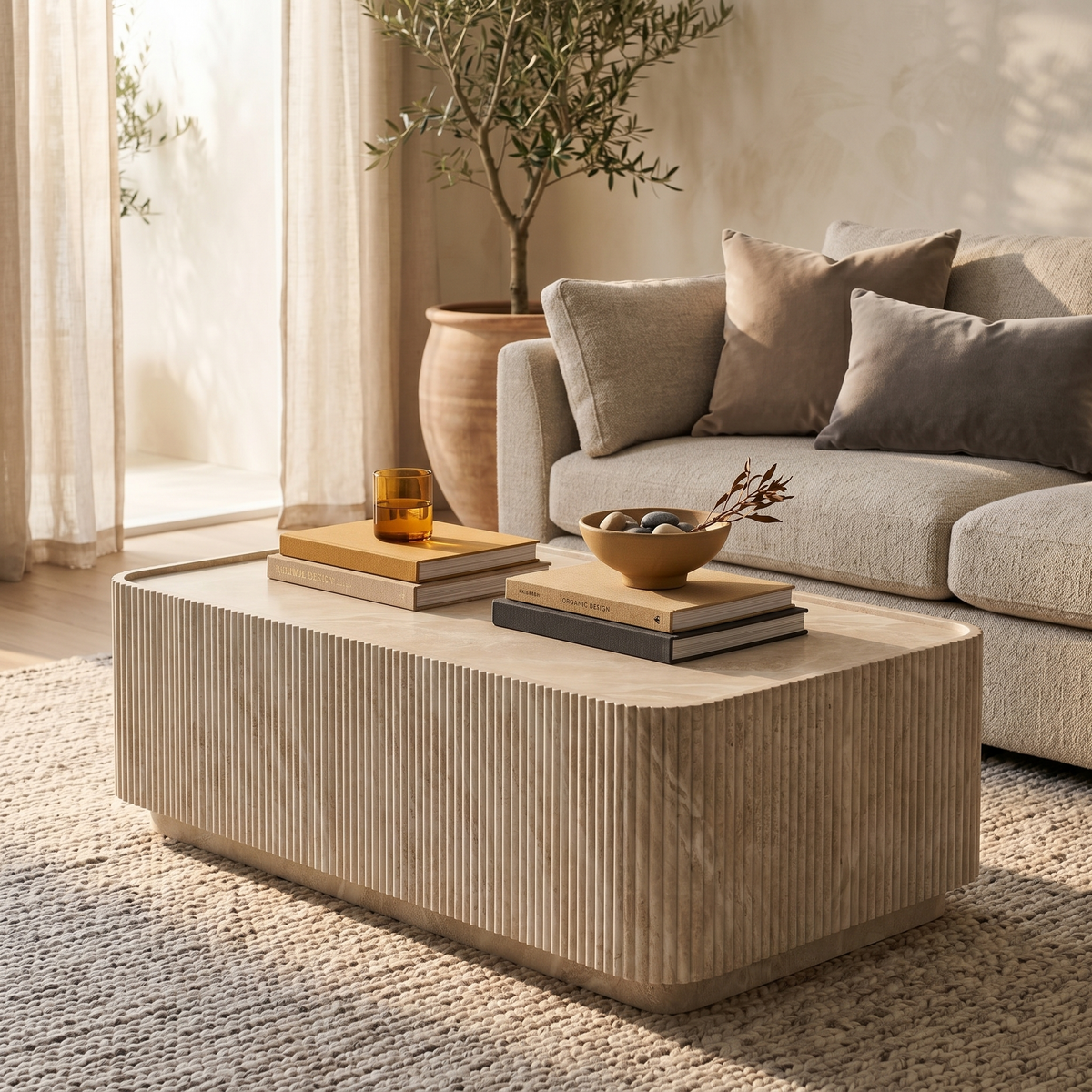Malta Coffee Table in Fiberstone Fluted Pedestal Design for Indoor and Outdoor