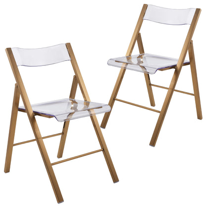 Menno Modern Acrylic Folding Chair in Brushed Gold Finish with Stainless Steel Frame Set of 2 - Elax Furniture