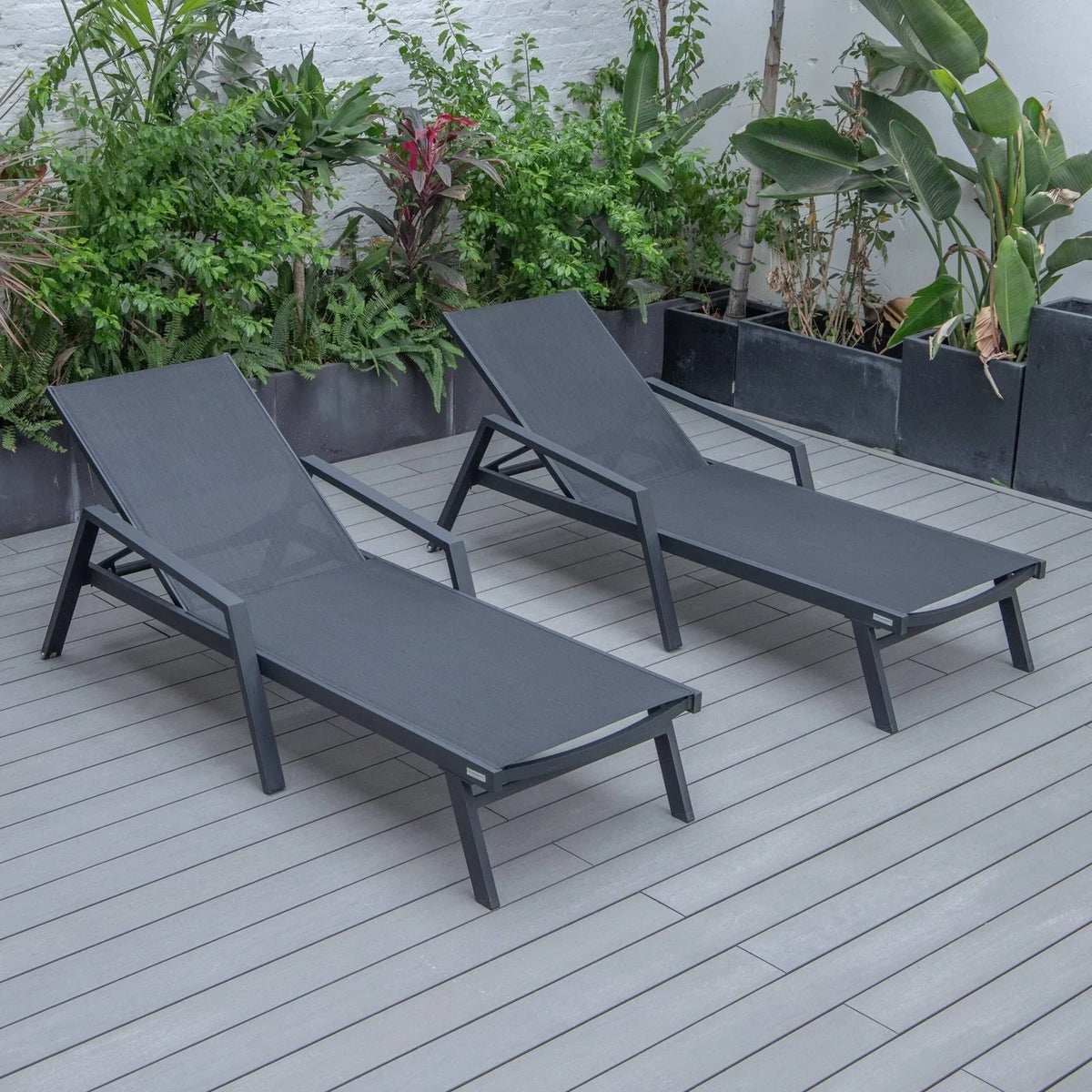 Marlin Patio Chaise Lounge Chair with Armrests in Black Aluminum Frame, Set of 2 - Elax Furniture
