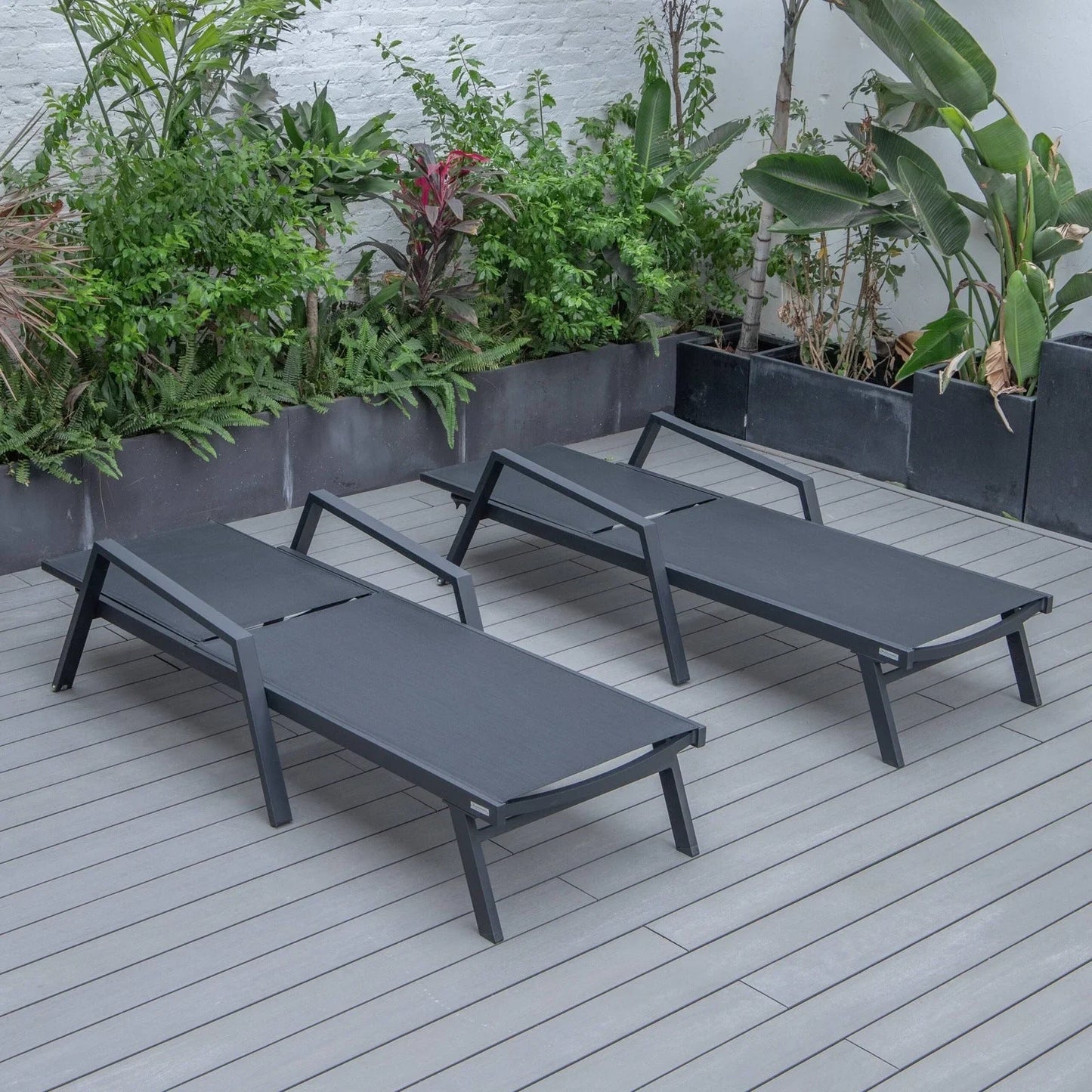 Marlin Patio Chaise Lounge Chair with Armrests in Black Aluminum Frame, Set of 2 - Elax Furniture