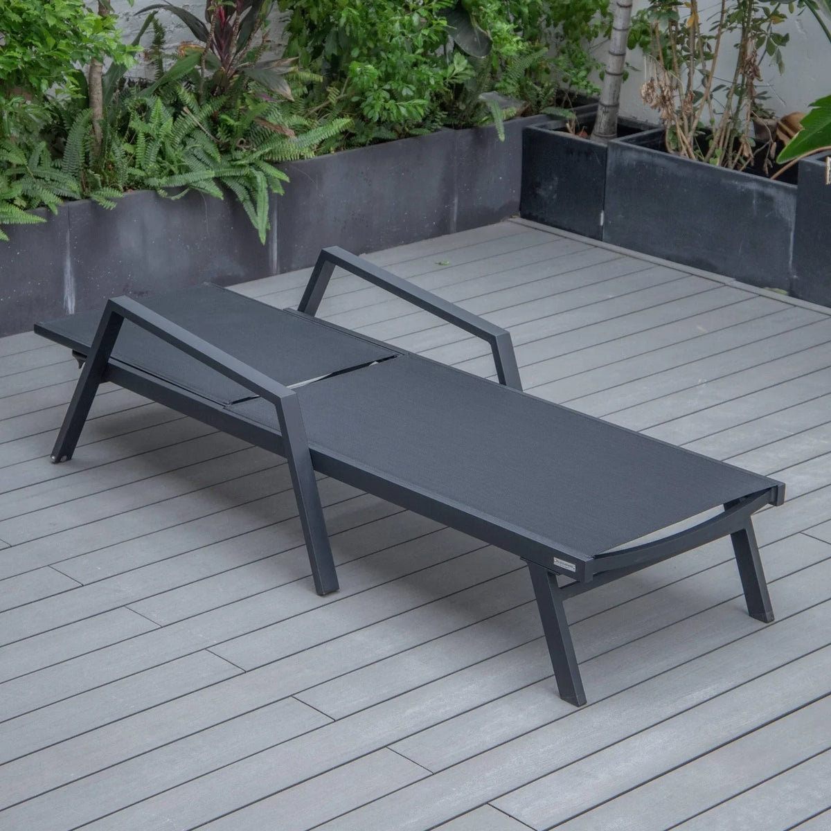 Marlin Modern Black Aluminum Outdoor Chaise Lounge Chair Set of 2 With Arms and Square Fire Pit Side Table for Patio - Elax Furniture