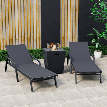 Marlin Modern Black Aluminum Outdoor Chaise Lounge Chair Set of 2 With Arms and Square Fire Pit Side Table for Patio - Elax Furniture