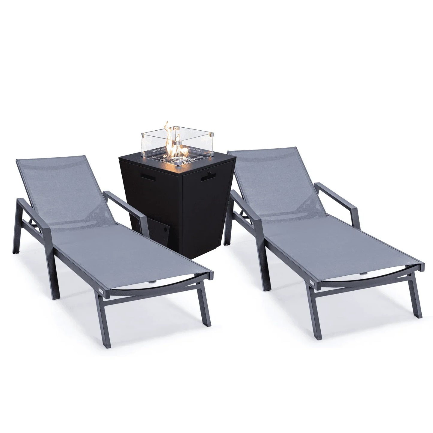Marlin Modern Black Aluminum Outdoor Chaise Lounge Chair Set of 2 With Arms and Square Fire Pit Side Table for Patio - Elax Furniture