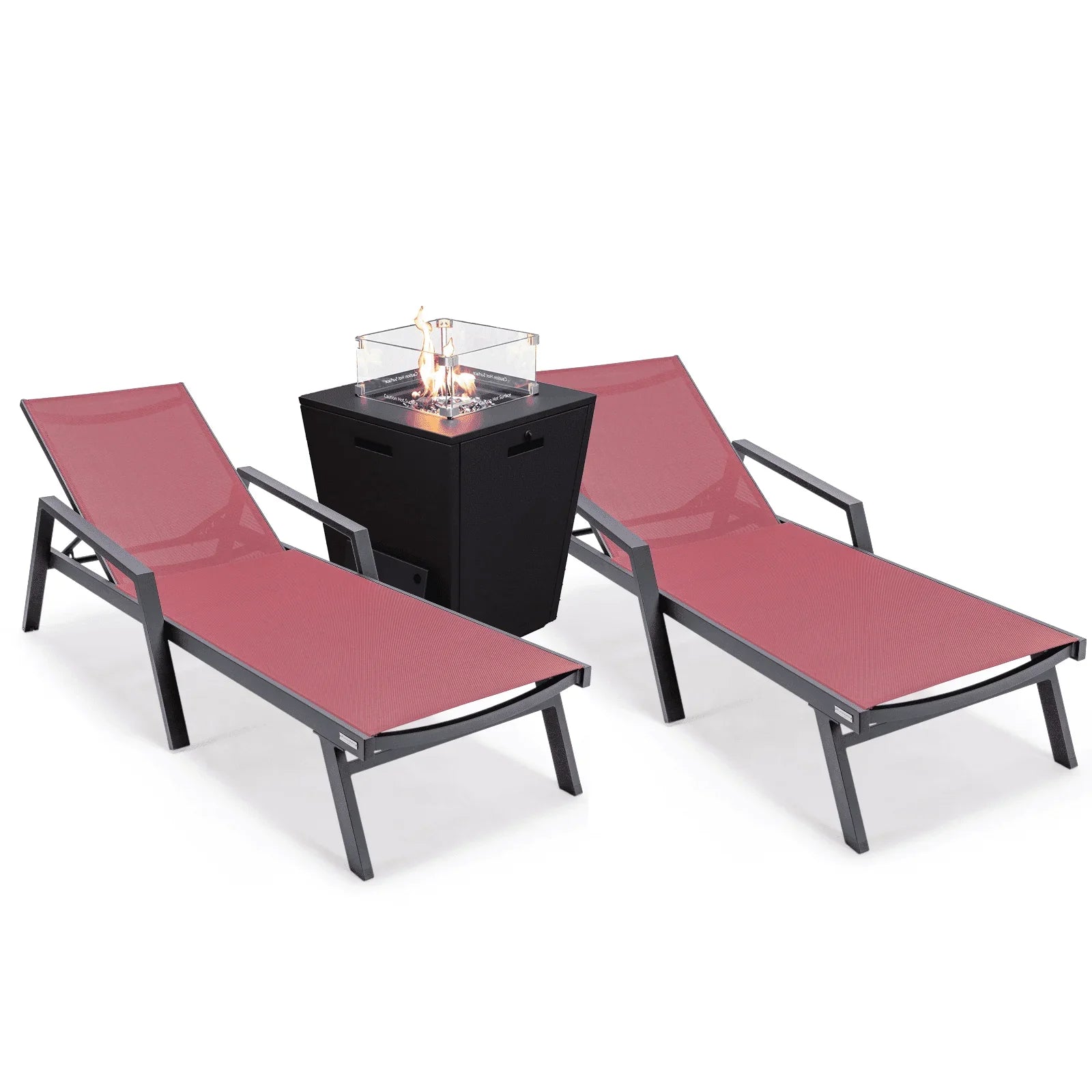 Marlin Modern Black Aluminum Outdoor Chaise Lounge Chair Set of 2 With Arms and Square Fire Pit Side Table for Patio - Elax Furniture