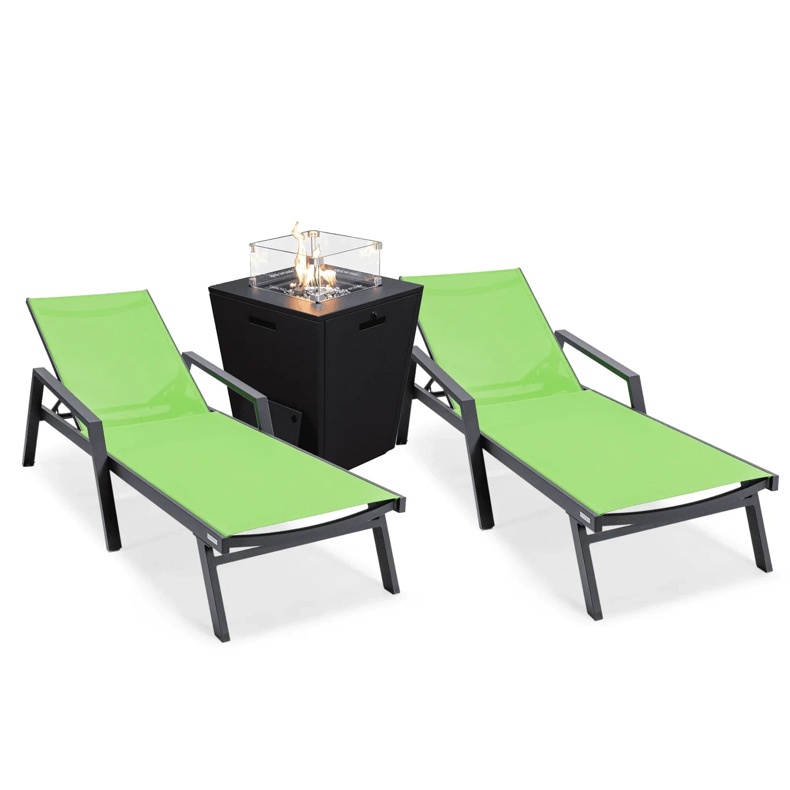 Marlin Modern Black Aluminum Outdoor Chaise Lounge Chair Set of 2 With Arms and Square Fire Pit Side Table for Patio - Elax Furniture