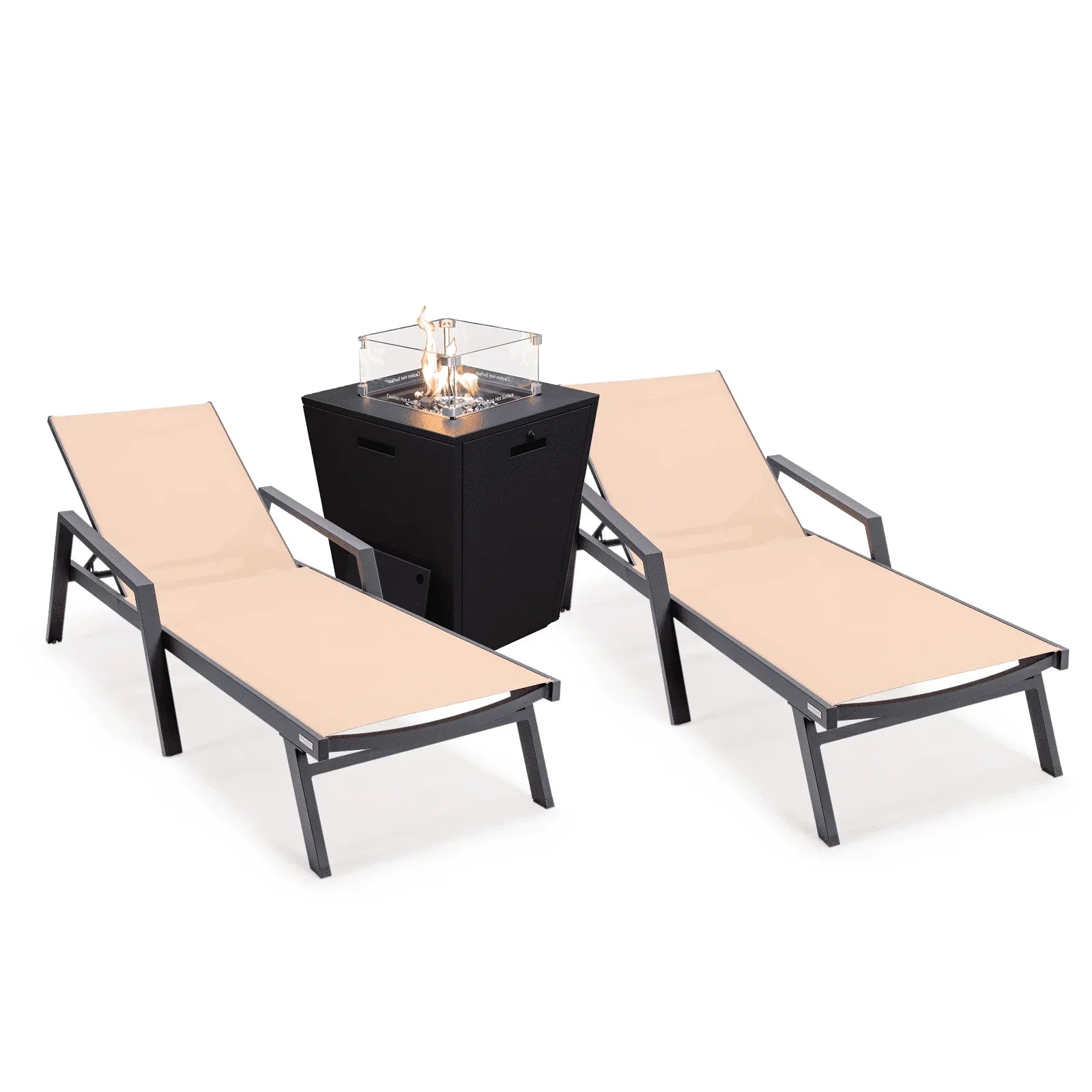 Marlin Modern Black Aluminum Outdoor Chaise Lounge Chair Set of 2 With Arms and Square Fire Pit Side Table for Patio - Elax Furniture