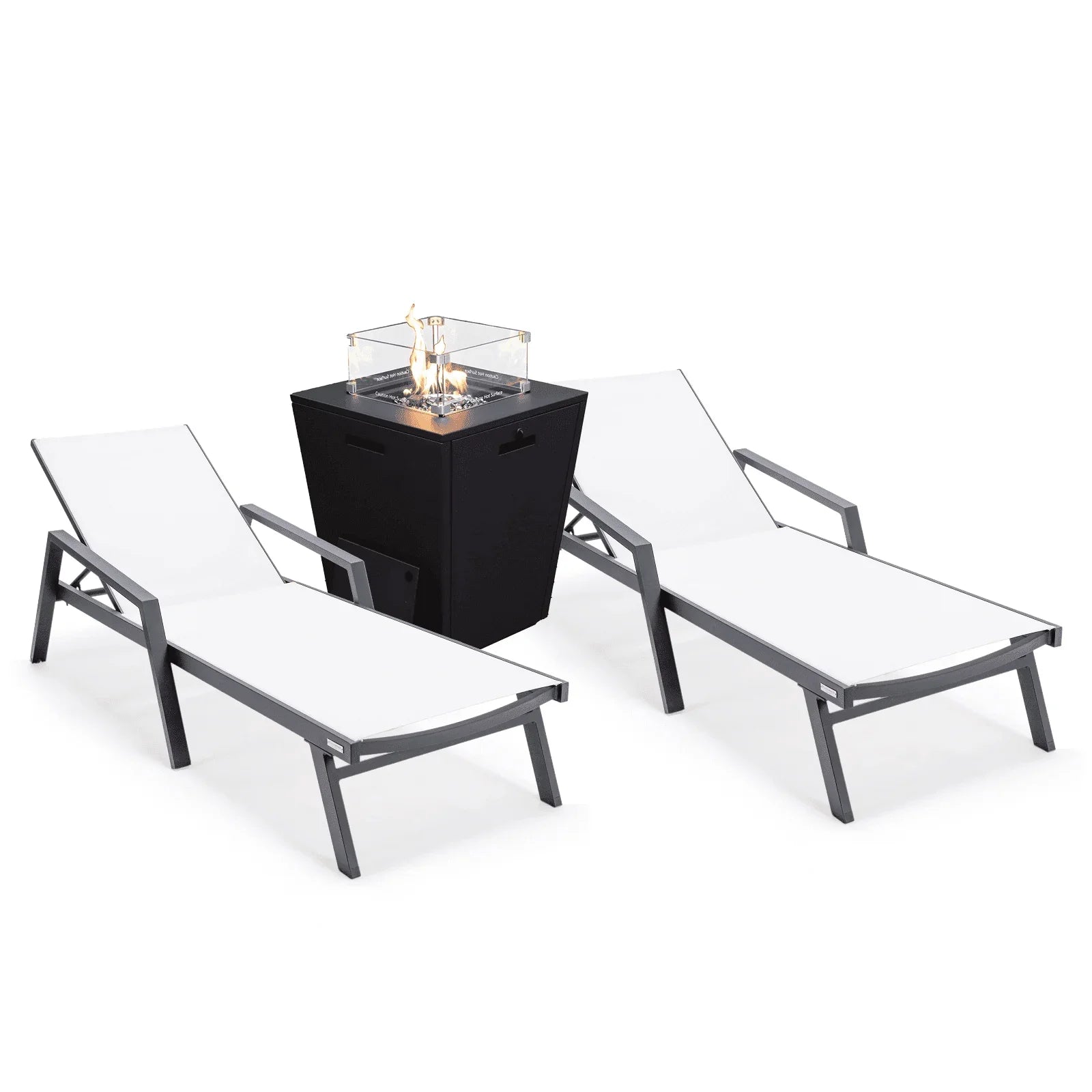 Marlin Modern Black Aluminum Outdoor Chaise Lounge Chair Set of 2 With Arms and Square Fire Pit Side Table for Patio - Elax Furniture
