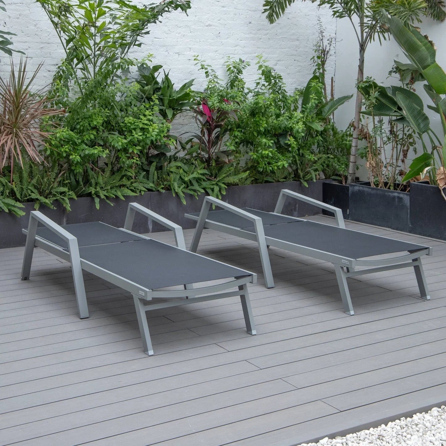 Marlin Patio Chaise Lounge Chair with Armrests in Grey Aluminum Frame, Set of 2 - Elax Furniture