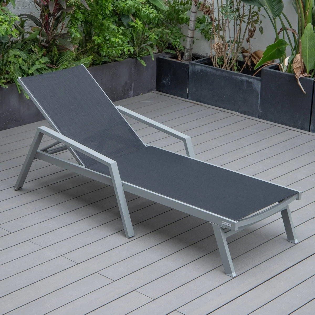 Marlin Modern Grey Aluminum Outdoor Chaise Lounge Chair Set of 2 With Arms and Square Fire Pit Side Table for Patio - Elax Furniture