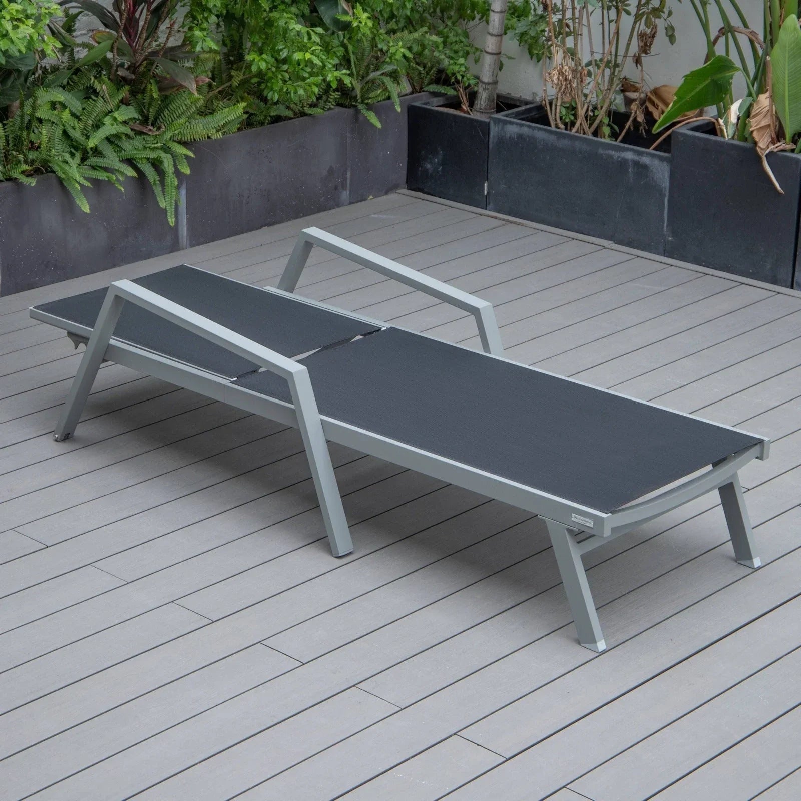 Marlin Modern Grey Aluminum Outdoor Chaise Lounge Chair Set of 2 With Arms and Square Fire Pit Side Table for Patio - Elax Furniture