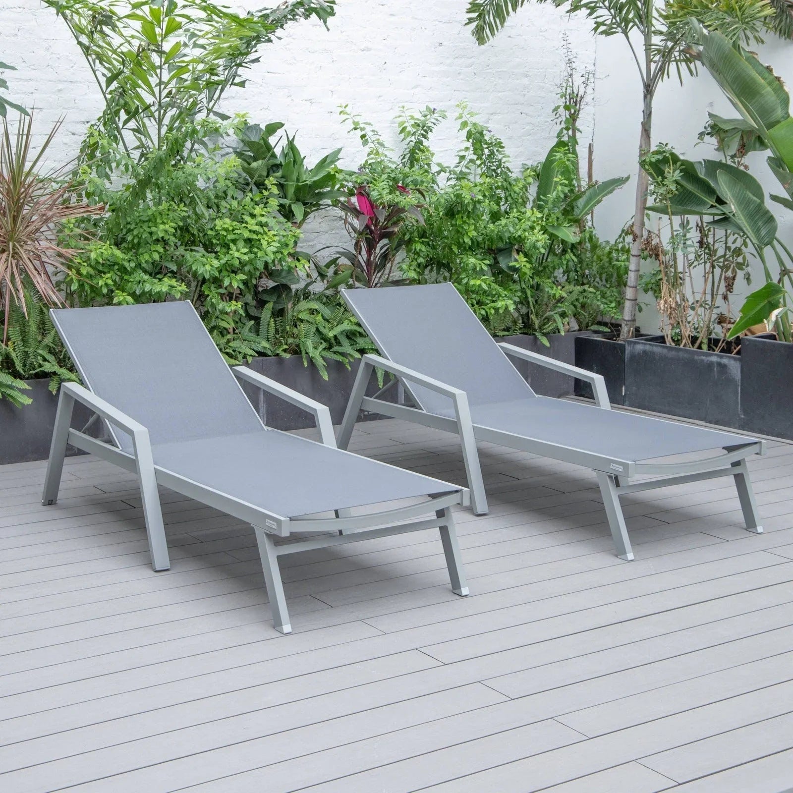 Marlin Patio Chaise Lounge Chair with Armrests in Grey Aluminum Frame, Set of 2 - Elax Furniture