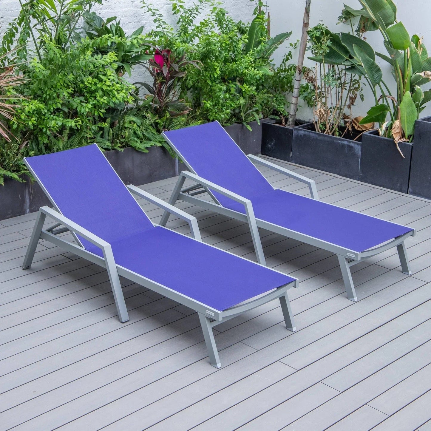 Marlin Patio Chaise Lounge Chair with Armrests in Grey Aluminum Frame, Set of 2 - Elax Furniture