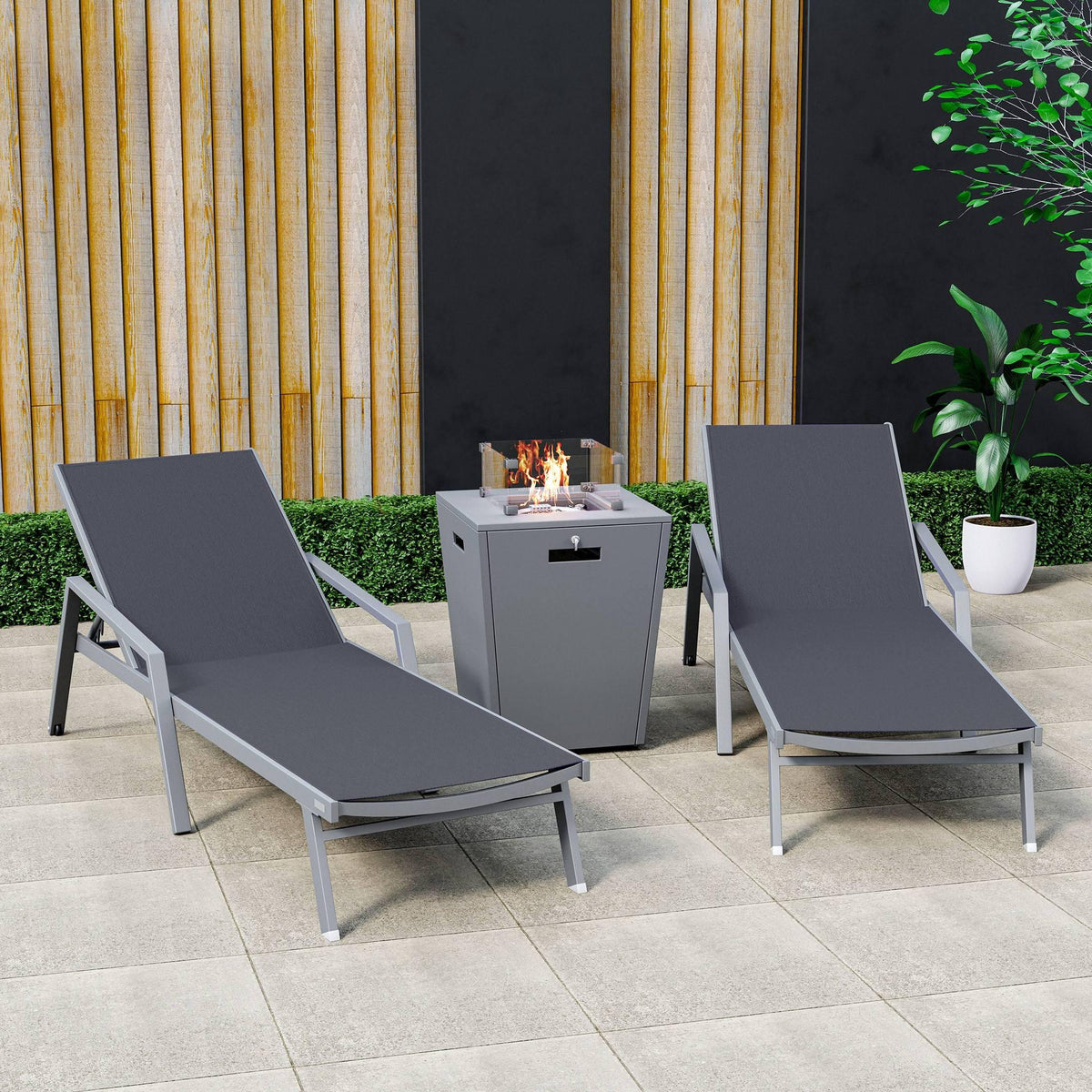 Marlin Modern Grey Aluminum Outdoor Chaise Lounge Chair Set of 2 With Arms and Square Fire Pit Side Table for Patio - Elax Furniture