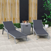 Marlin Modern Grey Aluminum Outdoor Chaise Lounge Chair Set of 2 With Arms and Square Fire Pit Side Table for Patio - Elax Furniture