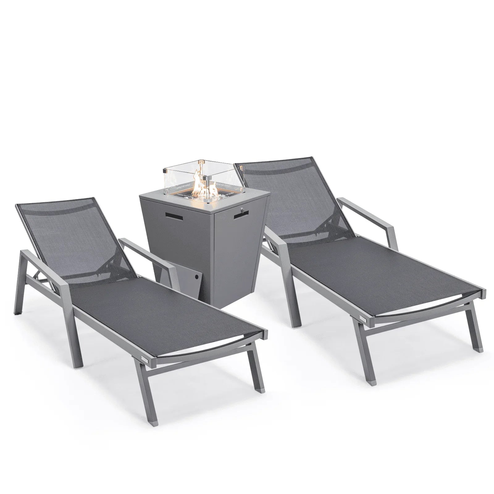 Marlin Modern Grey Aluminum Outdoor Chaise Lounge Chair Set of 2 With Arms and Square Fire Pit Side Table for Patio - Elax Furniture