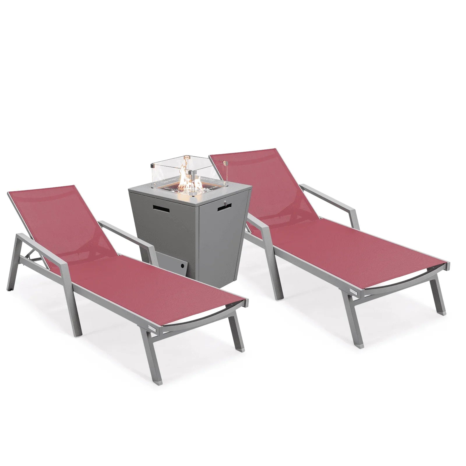 Marlin Modern Grey Aluminum Outdoor Chaise Lounge Chair Set of 2 With Arms and Square Fire Pit Side Table for Patio - Elax Furniture