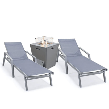 Marlin Modern Grey Aluminum Outdoor Chaise Lounge Chair Set of 2 With Arms and Square Fire Pit Side Table for Patio - Elax Furniture