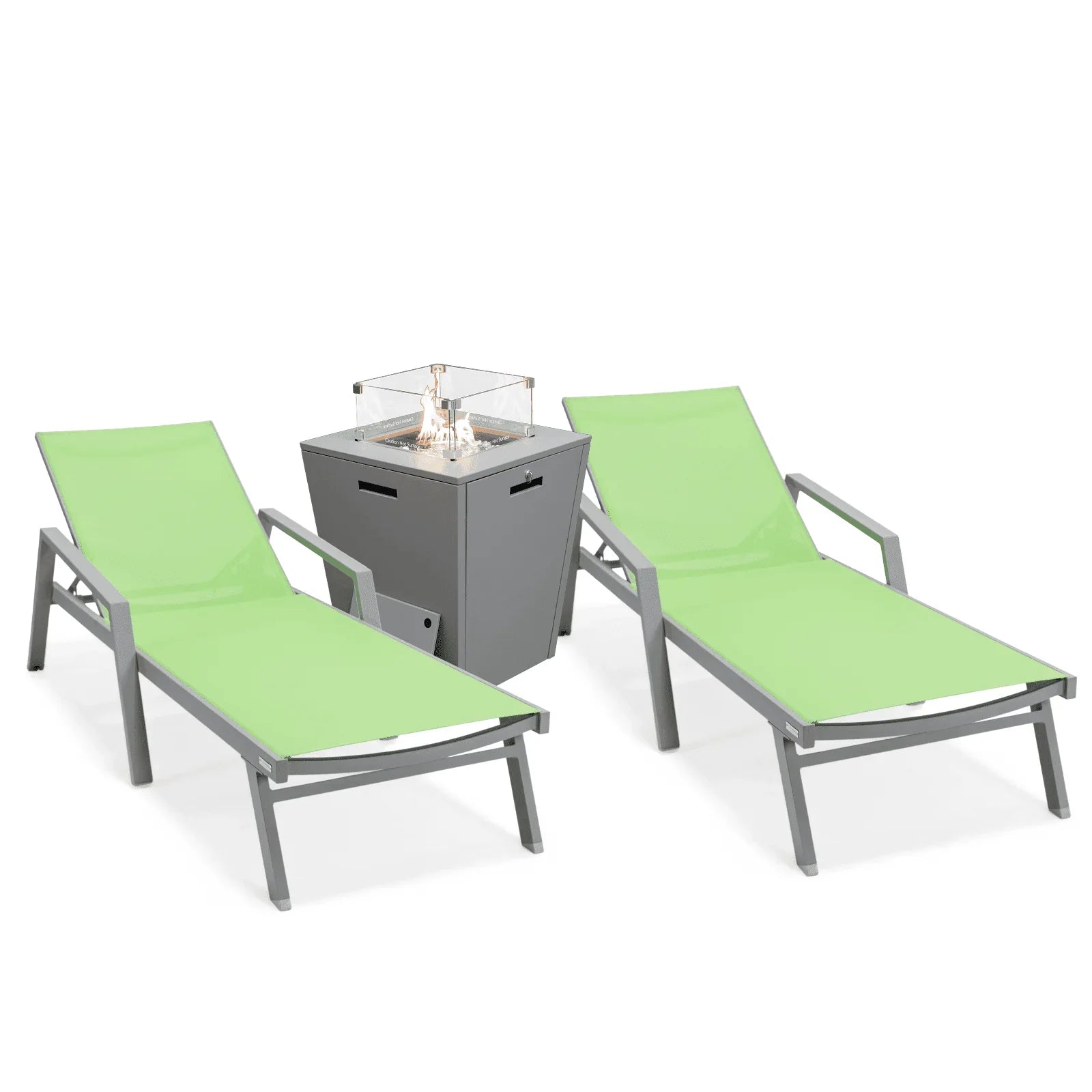 Marlin Modern Grey Aluminum Outdoor Chaise Lounge Chair Set of 2 With Arms and Square Fire Pit Side Table for Patio - Elax Furniture
