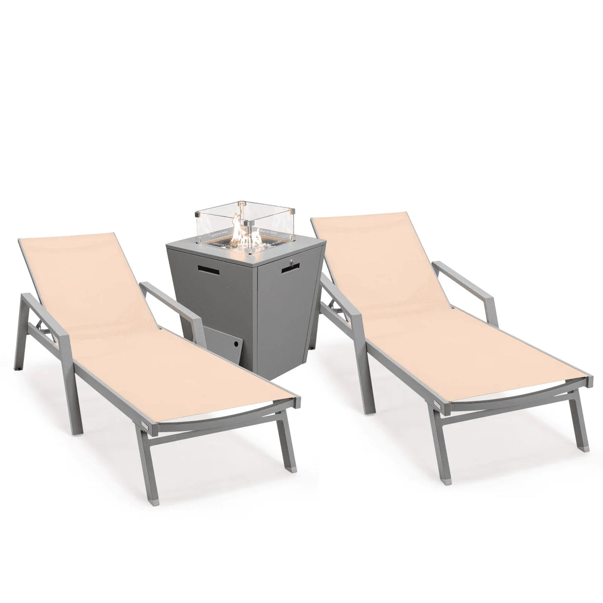 Marlin Modern Grey Aluminum Outdoor Chaise Lounge Chair Set of 2 With Arms and Square Fire Pit Side Table for Patio - Elax Furniture
