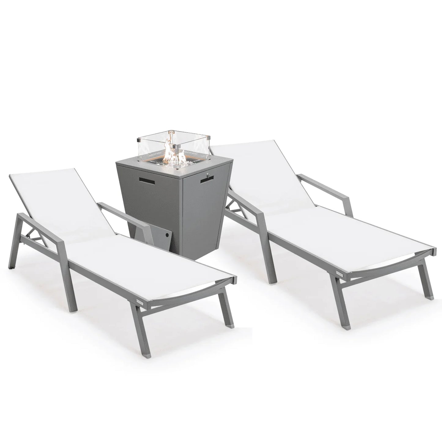 Marlin Modern Grey Aluminum Outdoor Chaise Lounge Chair Set of 2 With Arms and Square Fire Pit Side Table for Patio - Elax Furniture