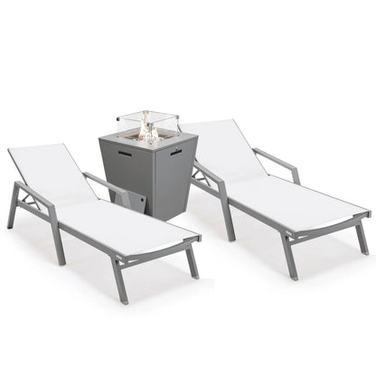Marlin Modern Grey Aluminum Outdoor Chaise Lounge Chair Set of 2 With Arms and Square Fire Pit Side Table for Patio - Elax Furniture