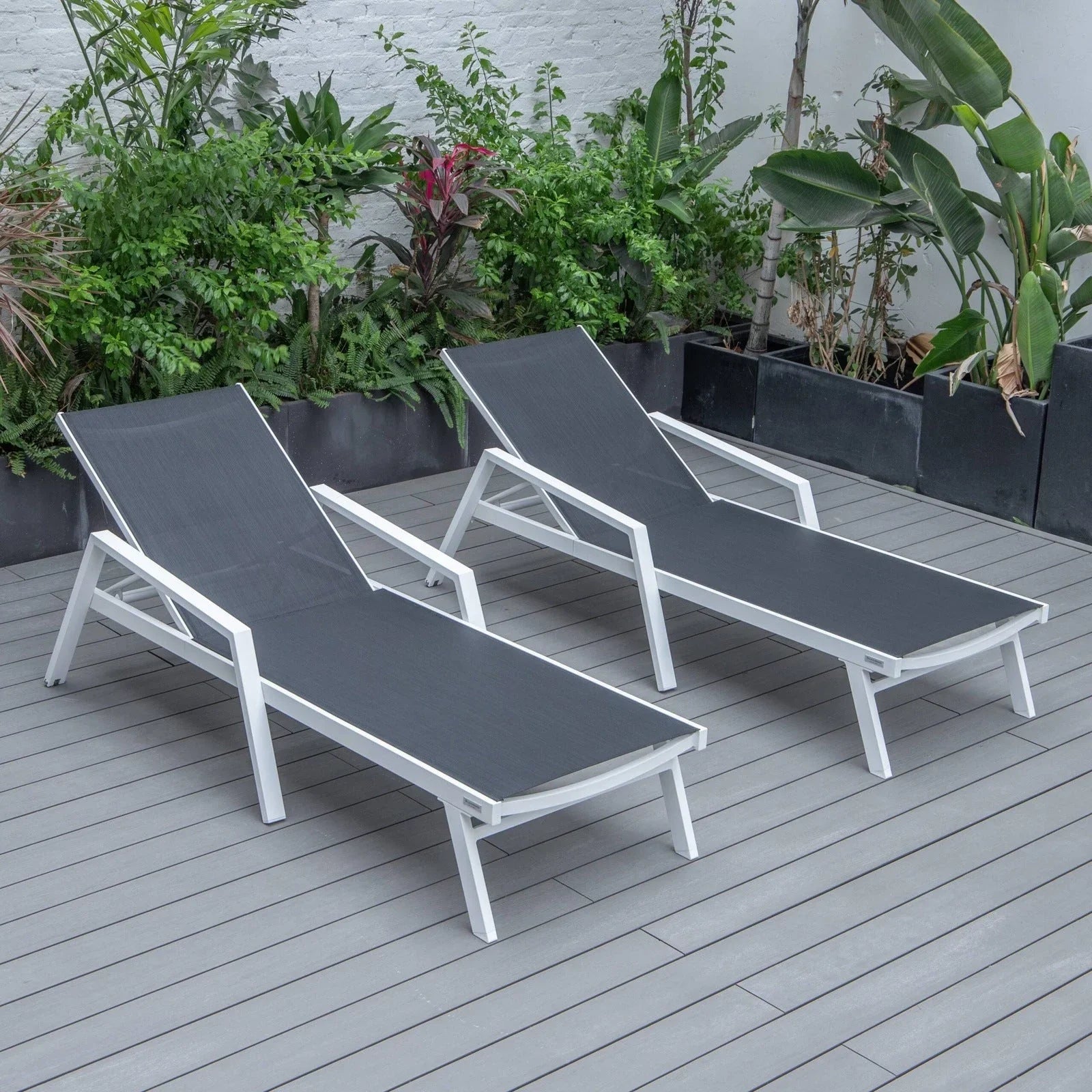 Marlin Patio Chaise Lounge Chair with Armrests in White Aluminum Frame, Set of 2 - Elax Furniture