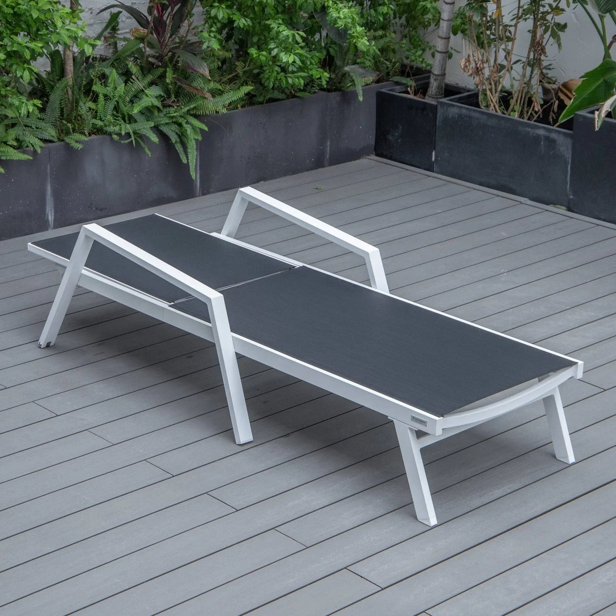 Marlin Modern White Aluminum Outdoor Chaise Lounge Chair Set of 2 With Arms And Square Fire Pit Side Table for Patio - Elax Furniture