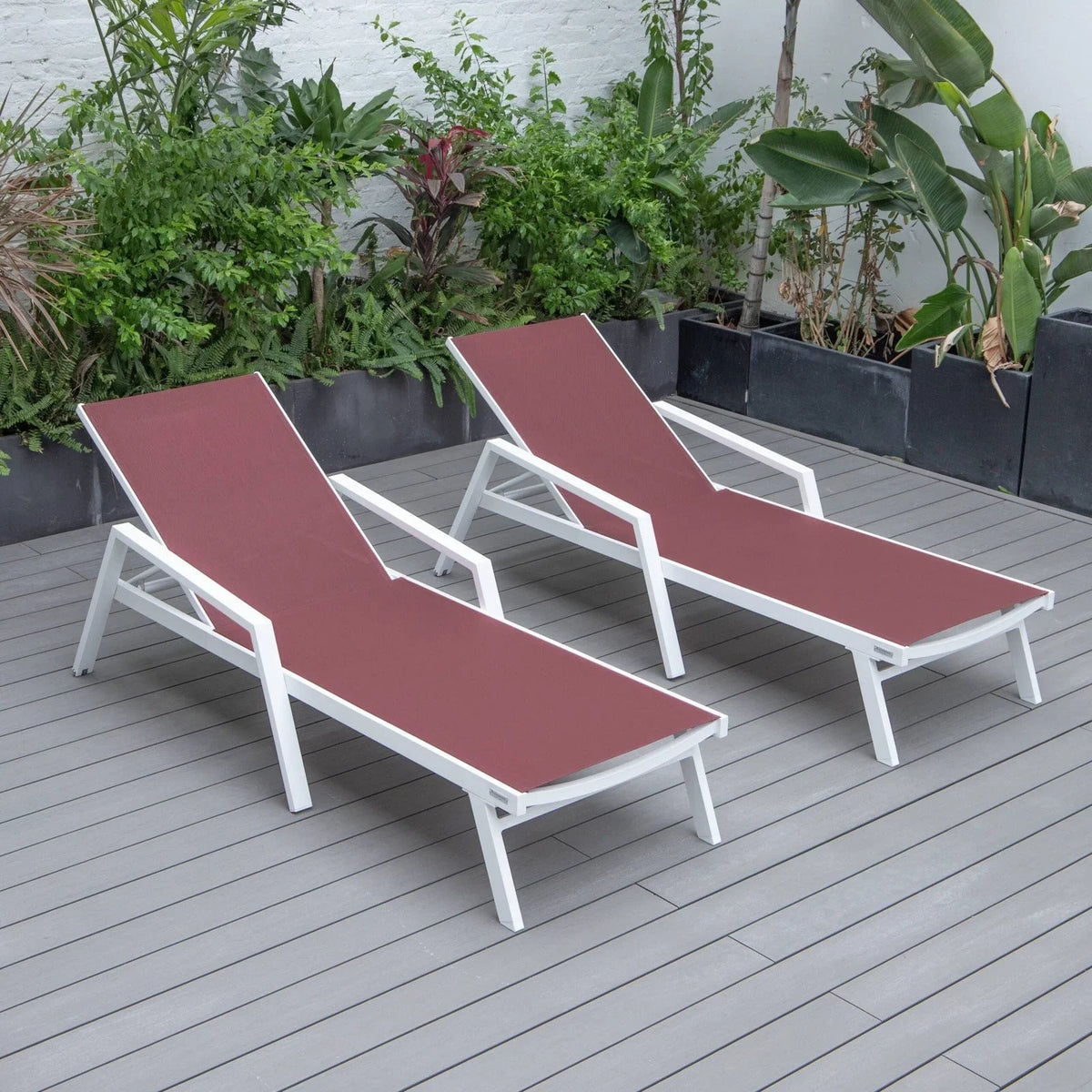 Marlin Patio Chaise Lounge Chair with Armrests in White Aluminum Frame, Set of 2 - Elax Furniture