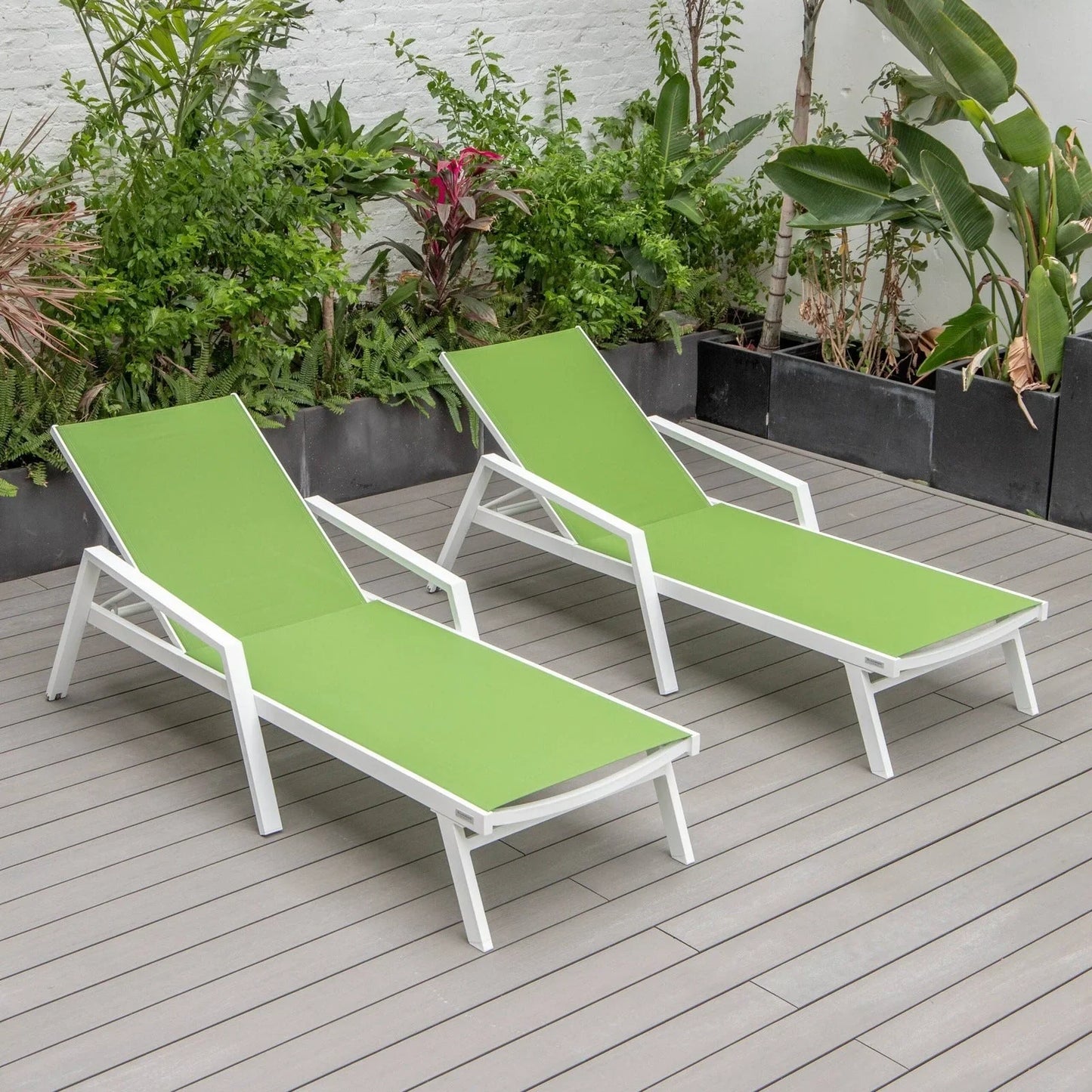 Marlin Patio Chaise Lounge Chair with Armrests in White Aluminum Frame, Set of 2 - Elax Furniture