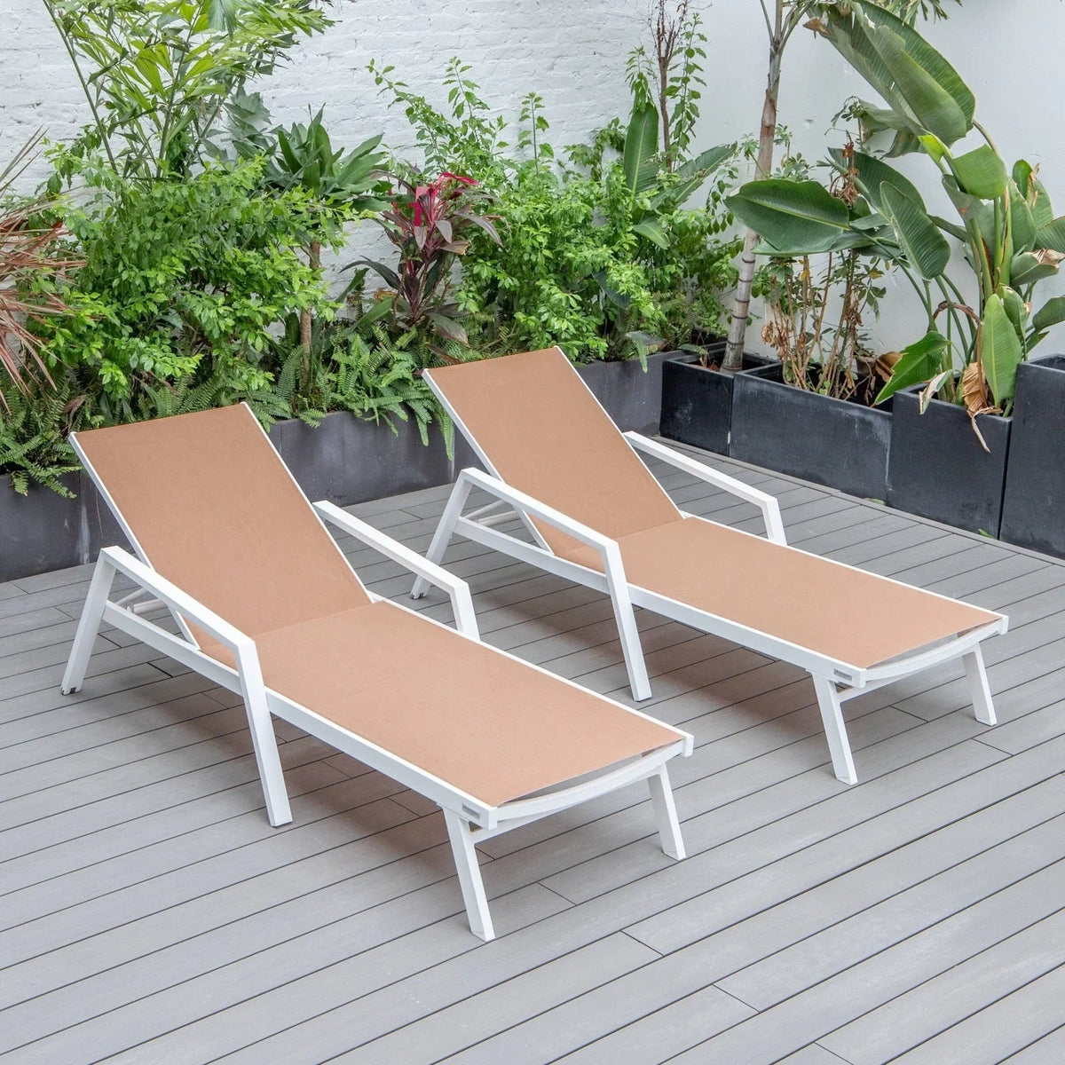 Marlin Patio Chaise Lounge Chair with Armrests in White Aluminum Frame, Set of 2 - Elax Furniture