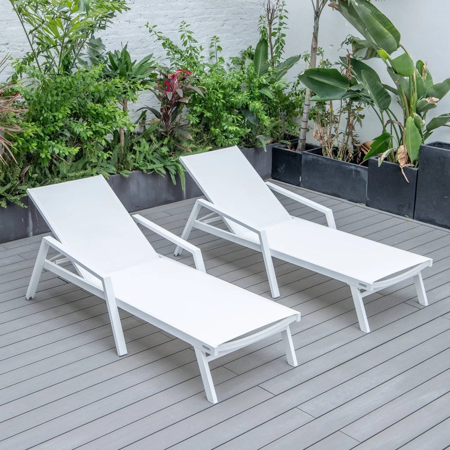 Marlin Patio Chaise Lounge Chair with Armrests in White Aluminum Frame, Set of 2 - Elax Furniture
