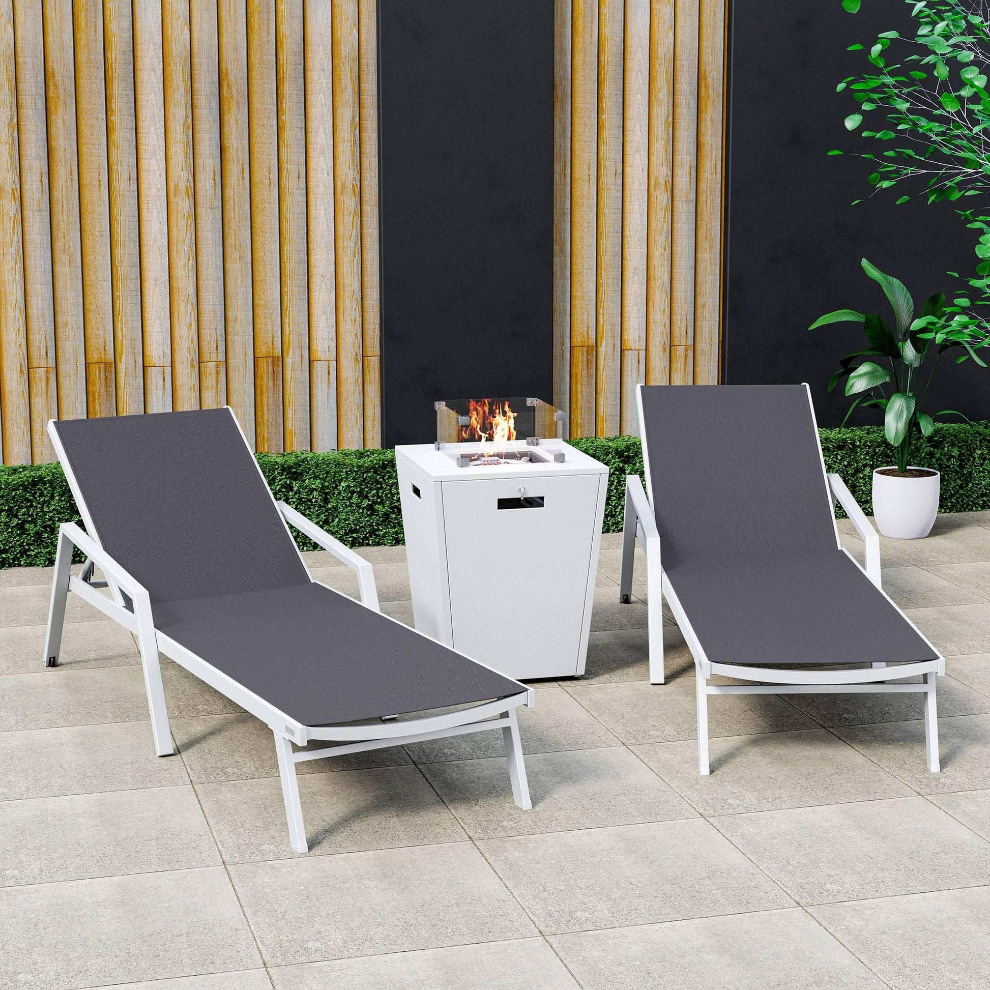 Marlin Modern White Aluminum Outdoor Chaise Lounge Chair Set of 2 With Arms And Square Fire Pit Side Table for Patio - Elax Furniture
