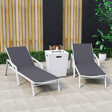 Marlin Modern White Aluminum Outdoor Chaise Lounge Chair Set of 2 With Arms And Square Fire Pit Side Table for Patio - Elax Furniture