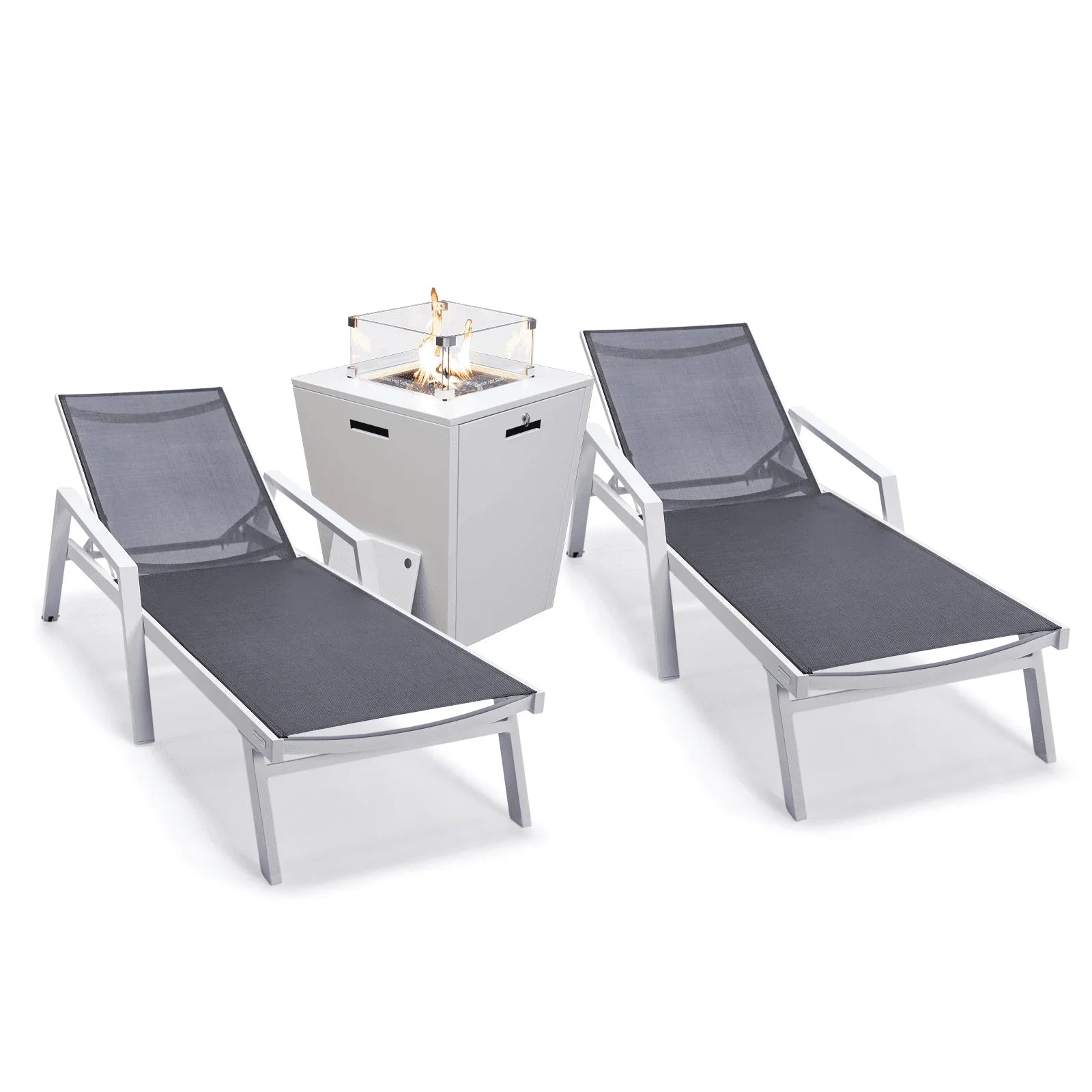 Marlin Modern White Aluminum Outdoor Chaise Lounge Chair Set of 2 With Arms And Square Fire Pit Side Table for Patio - Elax Furniture