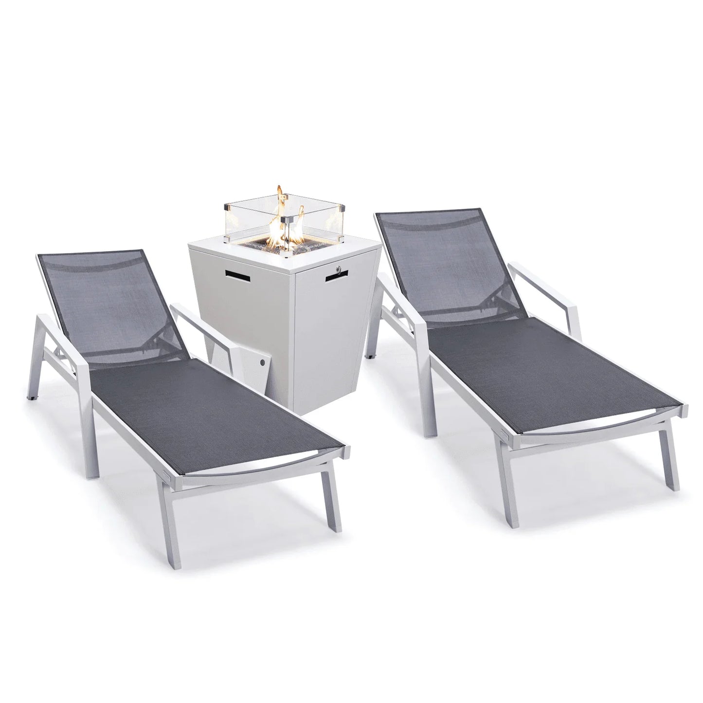 Marlin Modern Grey Aluminum Outdoor Chaise Lounge Chair Set of 2 With Arms and Square Fire Pit Side Table for Patio - Elax Furniture