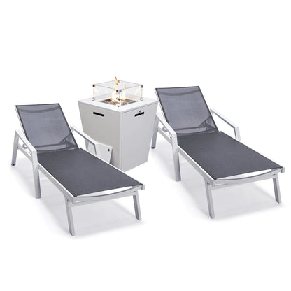 Marlin Modern Grey Aluminum Outdoor Chaise Lounge Chair Set of 2 With Arms and Square Fire Pit Side Table for Patio - Elax Furniture