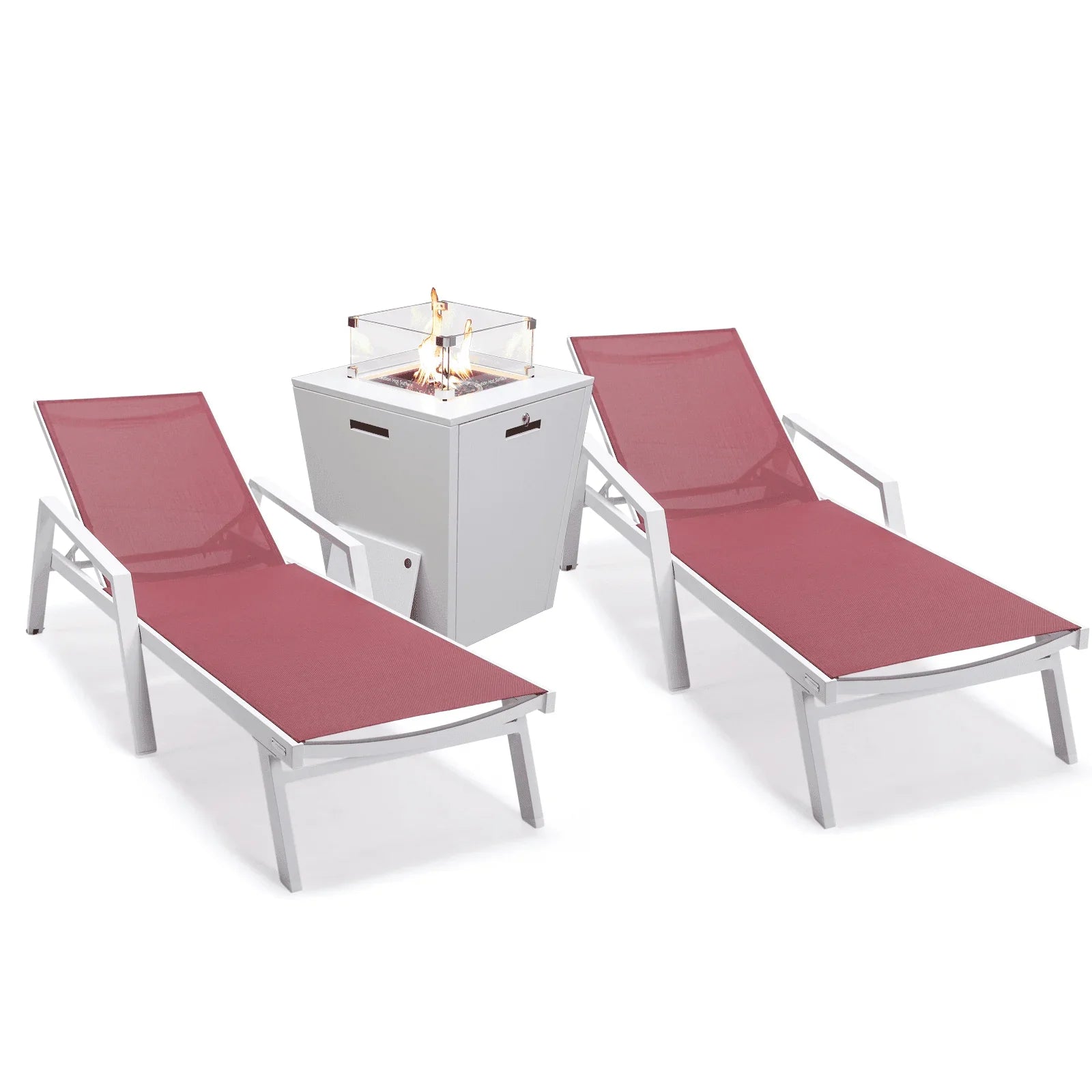 Marlin Modern White Aluminum Outdoor Chaise Lounge Chair Set of 2 With Arms And Square Fire Pit Side Table for Patio - Elax Furniture