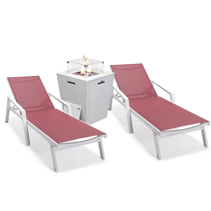 Marlin Modern White Aluminum Outdoor Chaise Lounge Chair Set of 2 With Arms And Square Fire Pit Side Table for Patio - Elax Furniture