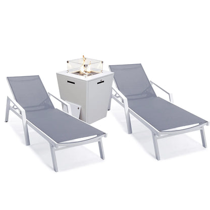 Marlin Modern White Aluminum Outdoor Chaise Lounge Chair Set of 2 With Arms And Square Fire Pit Side Table for Patio - Elax Furniture