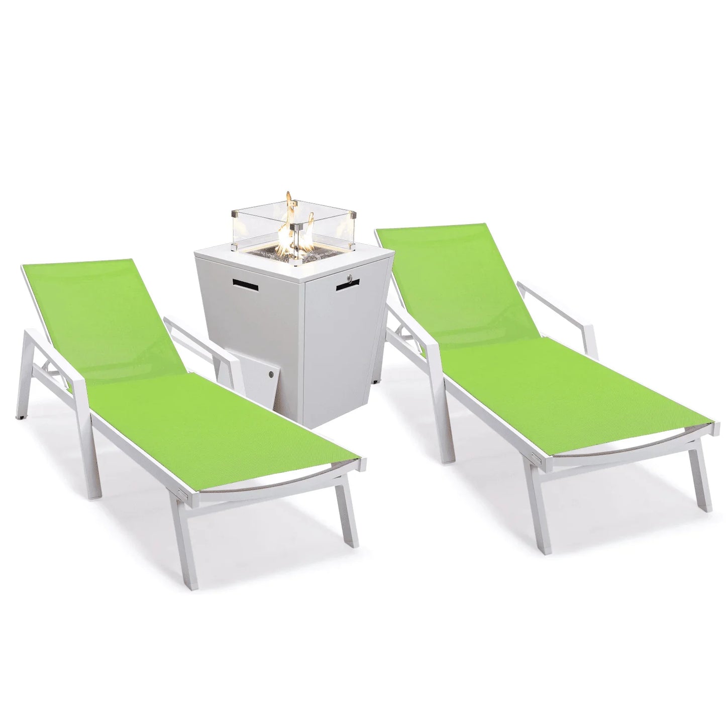Marlin Modern White Aluminum Outdoor Chaise Lounge Chair Set of 2 With Arms And Square Fire Pit Side Table for Patio - Elax Furniture