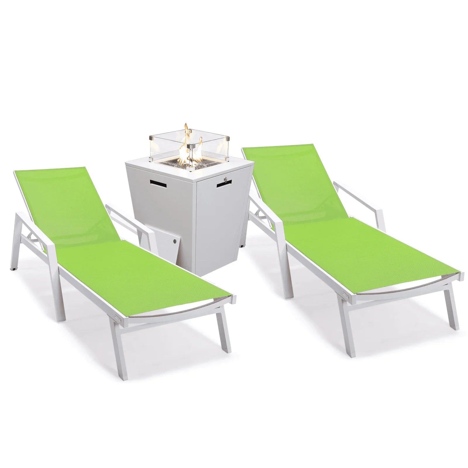 Marlin Modern White Aluminum Outdoor Chaise Lounge Chair Set of 2 With Arms And Square Fire Pit Side Table for Patio - Elax Furniture