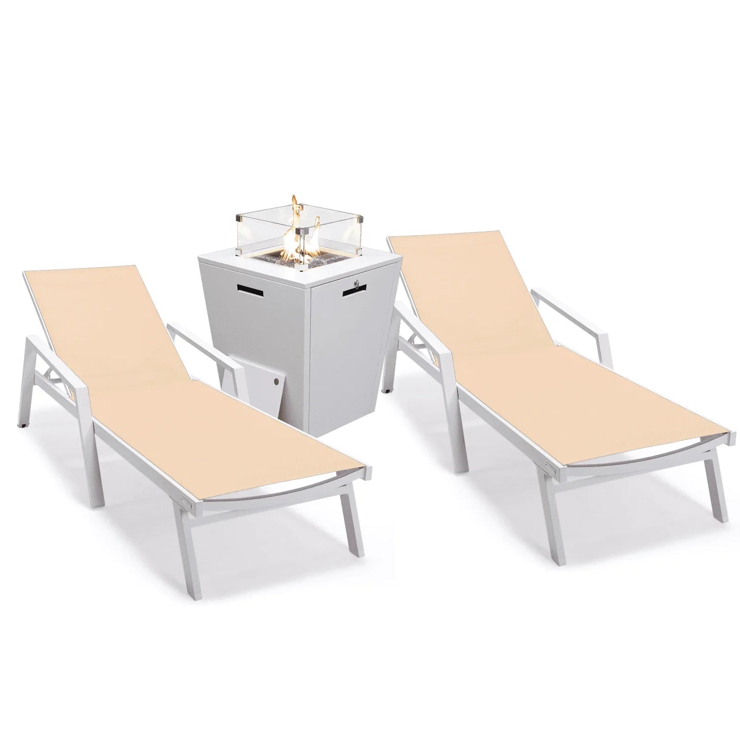 Marlin Modern White Aluminum Outdoor Chaise Lounge Chair Set of 2 With Arms And Square Fire Pit Side Table for Patio - Elax Furniture