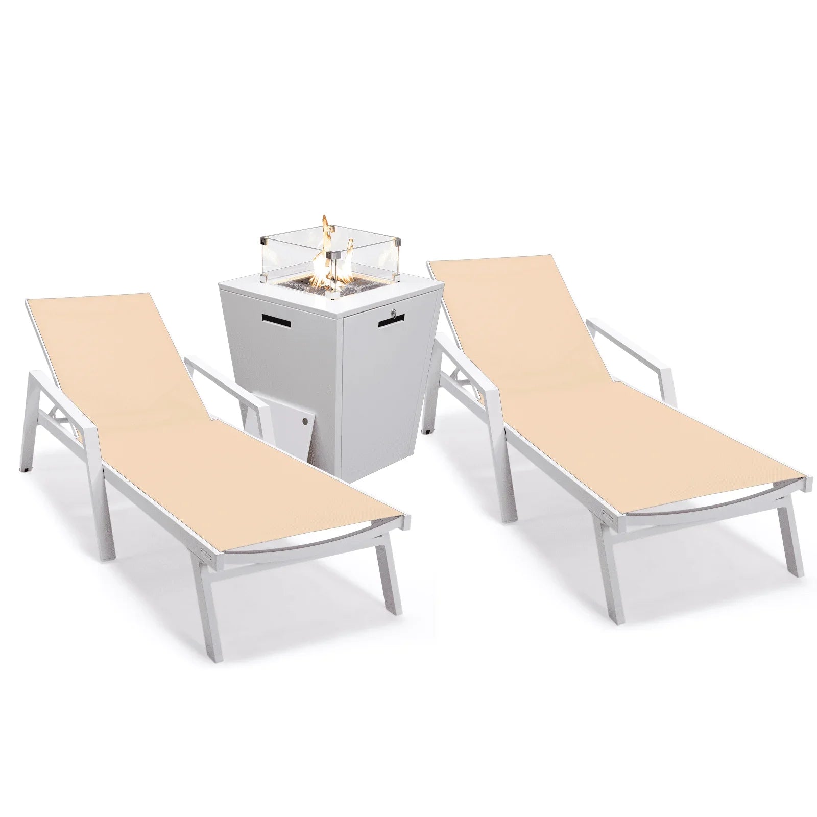 Marlin Modern White Aluminum Outdoor Chaise Lounge Chair Set of 2 With Arms And Square Fire Pit Side Table for Patio - Elax Furniture