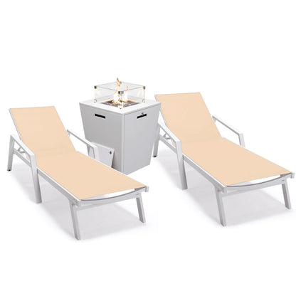 Marlin Modern White Aluminum Outdoor Chaise Lounge Chair Set of 2 With Arms And Square Fire Pit Side Table for Patio - Elax Furniture