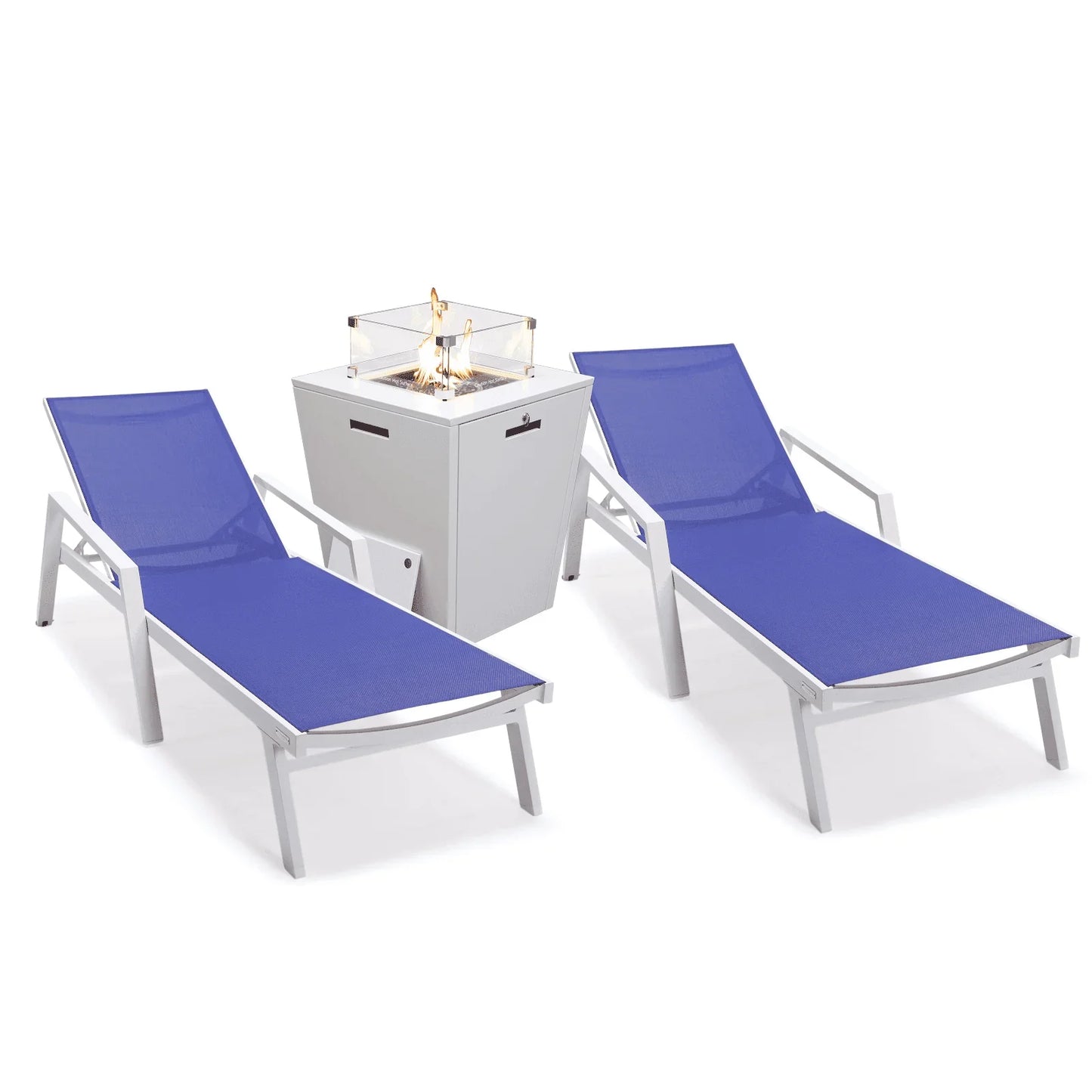 Marlin Modern White Aluminum Outdoor Chaise Lounge Chair Set of 2 With Arms And Square Fire Pit Side Table for Patio - Elax Furniture