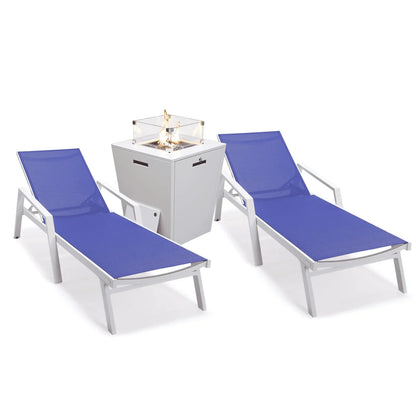Marlin Modern White Aluminum Outdoor Chaise Lounge Chair Set of 2 With Arms And Square Fire Pit Side Table for Patio - Elax Furniture